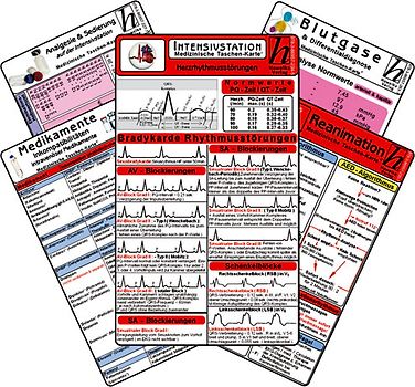 Intensiv-Station Karten-Set - Analgesie & Sedierung, Blutgase & Differentialdiagnose, Herzrhythmusstörungen, Inkompatibilitäten intravenöser Medikamente, Reanimation