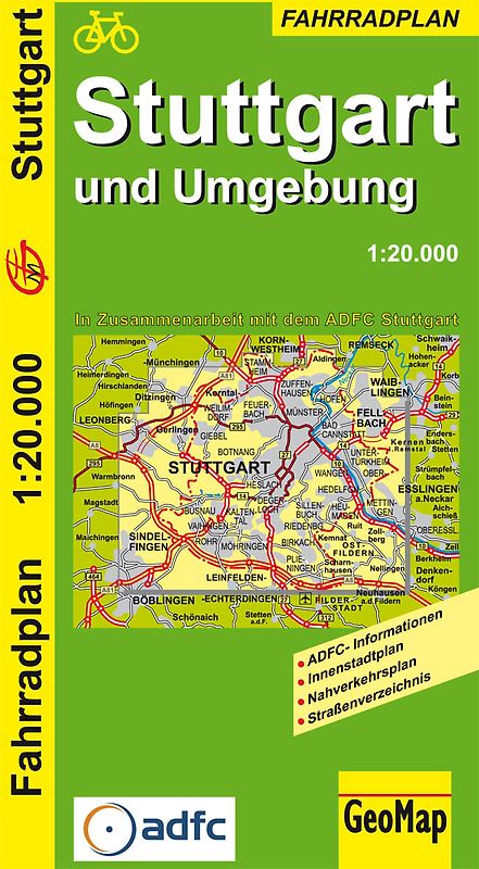 Stuttgart und Umgebung - Radwegeplan. 1:20.000
