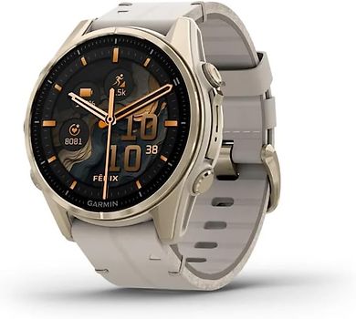 Garmin Fenix 8 43 mm or avec bracelet en silicone gris brumeux [Wi-Fi, Sapphire Edition]