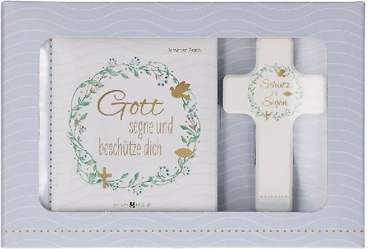 Butzon & Bercker Geschenkset zur Taufe 15 x 22 x 2 cm - Holzkreuz aus Buchenholz weiß lackiert mit Taufspruch, gebundenes Buch 11 x 11 cm, Lieferung in Geschenkverpackung