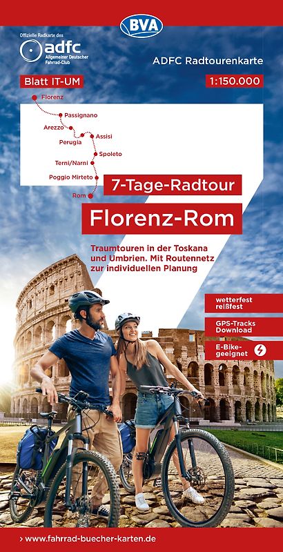 BVA ADFC Radtourenkarte 7-Tage-Radtour Florenz-Rom, 1:150.000