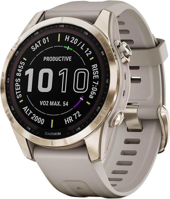 Garmin Fenix 7S 42 mm or avec bracelet en silicone beige [Wi-Fi, Sapphire Solar Edition]