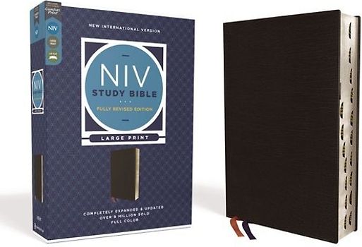 NIV Study Bible, Fully Revised Edition, Large Print, Bonded Leather, Black, Red Letter, Thumb Indexed, Comfort Print