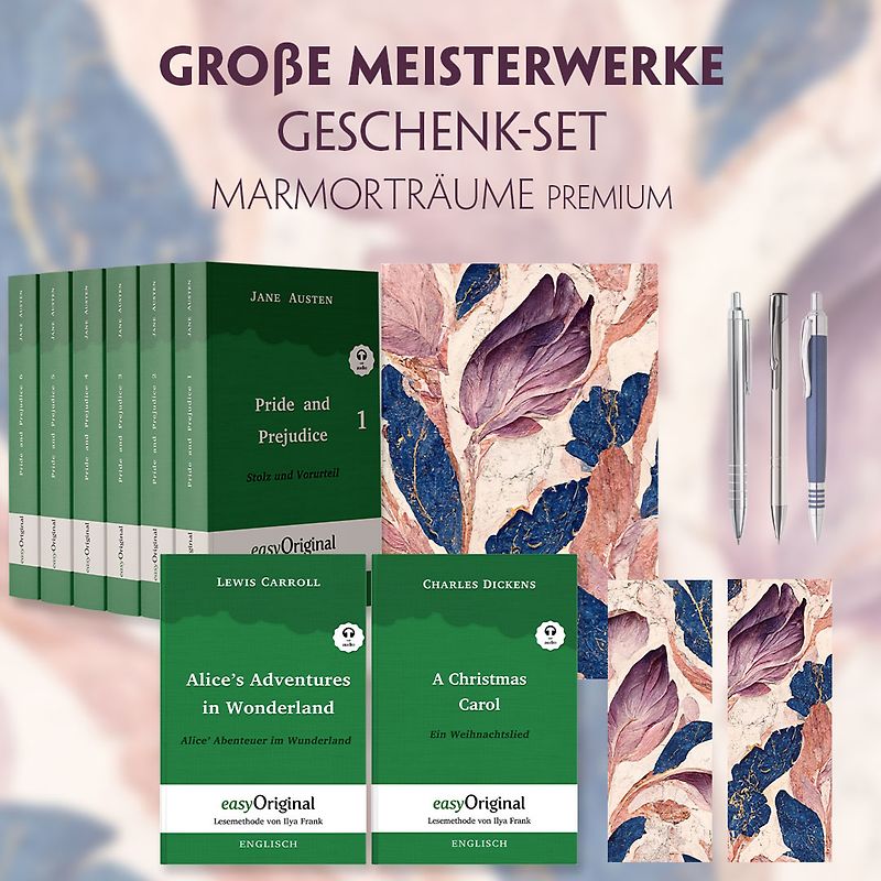 Große Meisterwerke Geschenkset - 8 Bücher (Hardcover+ Audio-Online) + Marmorträume Schreibset Premium
