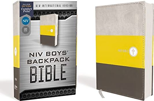 NIV, Boys' Backpack Bible, Compact, Leathersoft, Yellow/Gray, Red Letter, Comfort Print