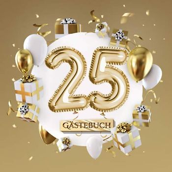 25 Gästebuch: Goldene Deko zum 25.Geburtstag - 25 Jahre Geschenk für Mann oder Frau - Partydeko Gold - Buch für Glückwünsche und Fotos der Gäste