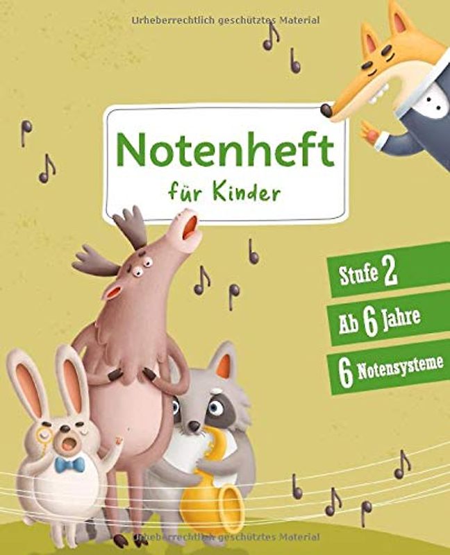 Notenheft für Kinder: Stufe 2 | ab 6 Jahre | 6 Notensysteme | Heft mit großen kindgerechten Notenlinen und zusätzlichen Hilfslinien zwischen den Notensystemen