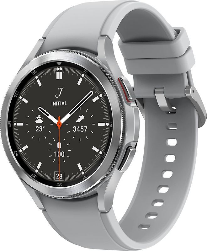 Samsung Galaxy Watch 4 Classic 46 mm Boîtier acier inoxydable argent Bracelet silicone argent [Wi-Fi]