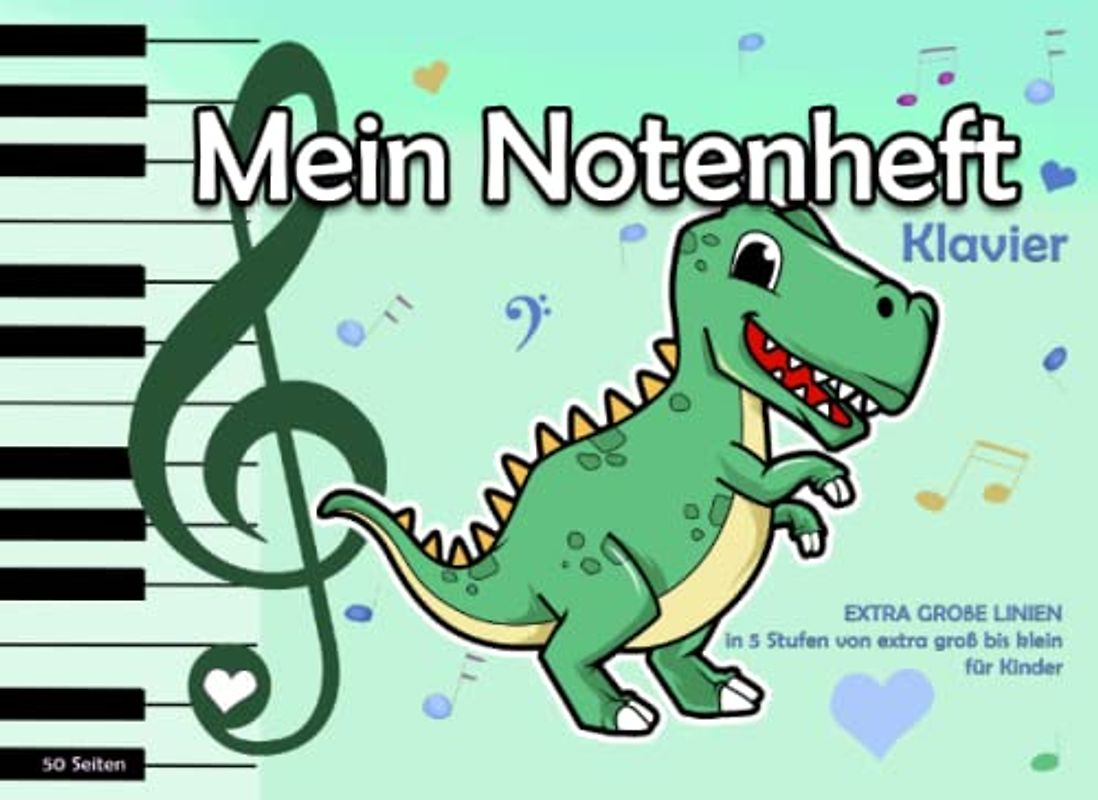 Notenheft für Kinder, Klavier, 50 Seiten, extra große Linien bis kleine Linien: Notenlinienheft blanko A5 Querformat, Musikheft für Kinder und ... Musikunterricht, Musiktheorie, Noten lernen