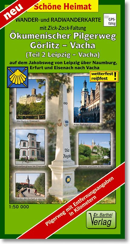 Wander- und Radwanderkarte Ökumenischer Pilgerweg Görlitz-Vacha (Teil 2 Leipzig-Vacha) mit Zick-Zack-Faltung. 1:50000