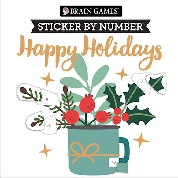 Brain Games - Sticker by Number Compact Edition: Happy Holidays 7x7 Inches Christmas Stocking Stuffer, Travel Size Activity Book for Adults & Kids 7+