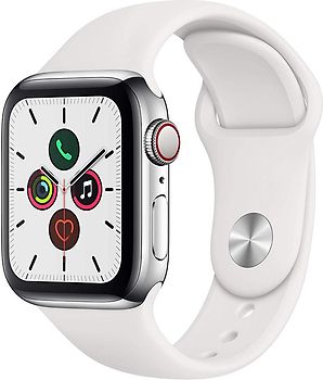 Apple Watch Series 5 40 mm boîtier en acier inoxydable argent et bracelet sport blanc [Wi-Fi + Cellulaire]