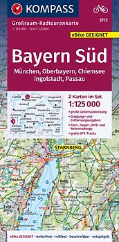 KOMPASS Großraum-Radtourenkarte 3712 Bayern Süd, Oberbayern, Chiemsee, Ingolstadt, Passau, München, 1:125.000