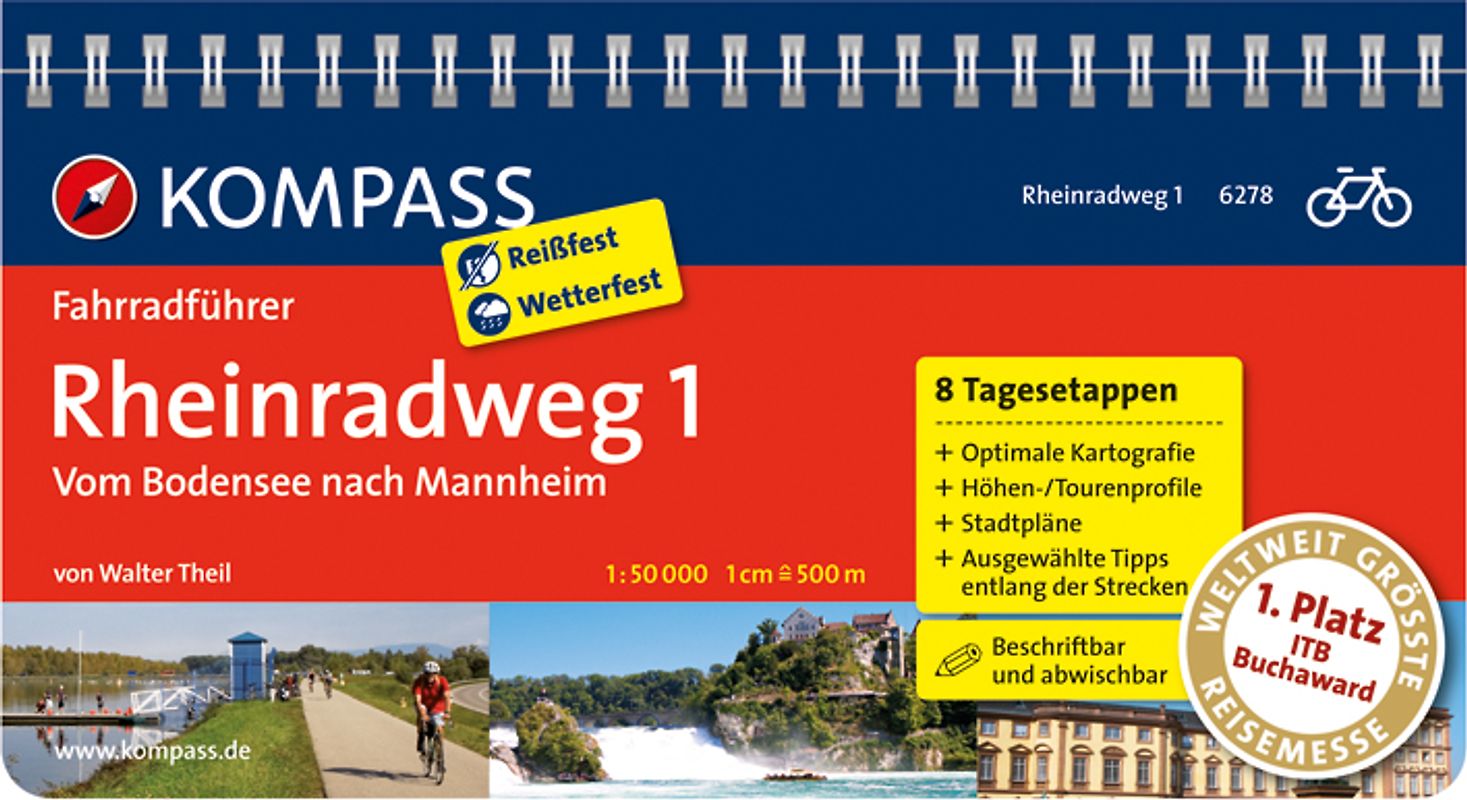KOMPASS Fahrradführer Rheinradweg 1, vom Bodensee nach Mannheim