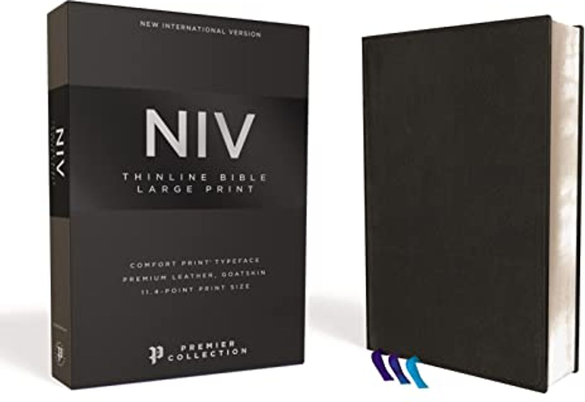 NIV, Thinline Bible, Large Print, Premium Goatskin Leather, Black, Premier Collection, Black Letter, Art Gilded Edges, Comfort Print
