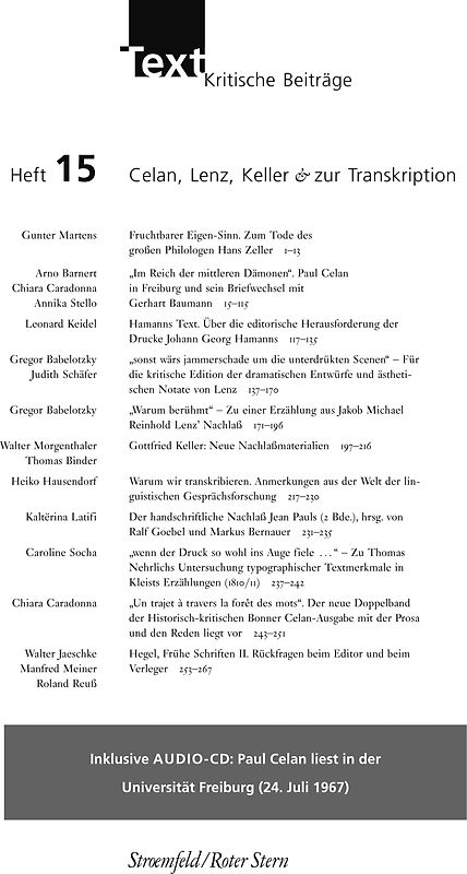Text. Kritische Beiträge / TEXT. Kritische Beiträge Heft 15: Celan, Lenz, Keller & zur Transkription