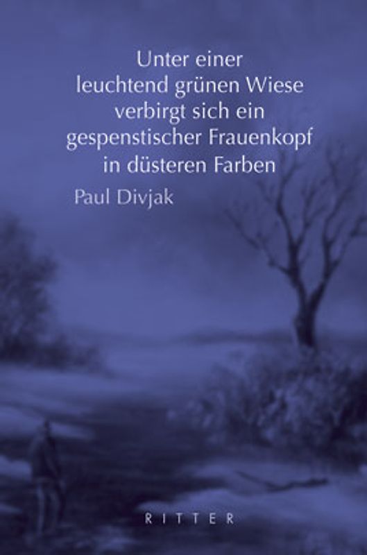 Unter einer leuchtend grünen Wiese verbirgt sich ein gespenstischer Frauenkopf in düsteren Farben