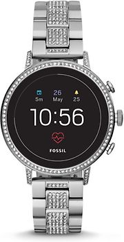 Fossil Venture HR 40 mm argent avec strass et bracelet en acier inoxydable argent avec strass [Wi-Fi, 4. génération]