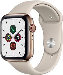 Apple Watch Series 5 44 mm Boîtier acier inoxydable or Bracelet Sport gris pierre [Wi-Fi + Cellulaire]