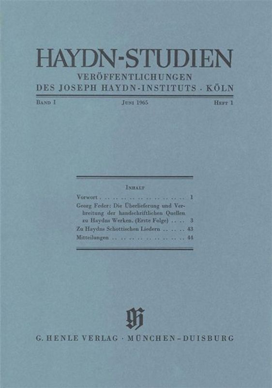 Haydn Studien. Veröffentlichungen des Joseph Haydn-Instituts Köln. Band I, Heft 1, Juni 1965
