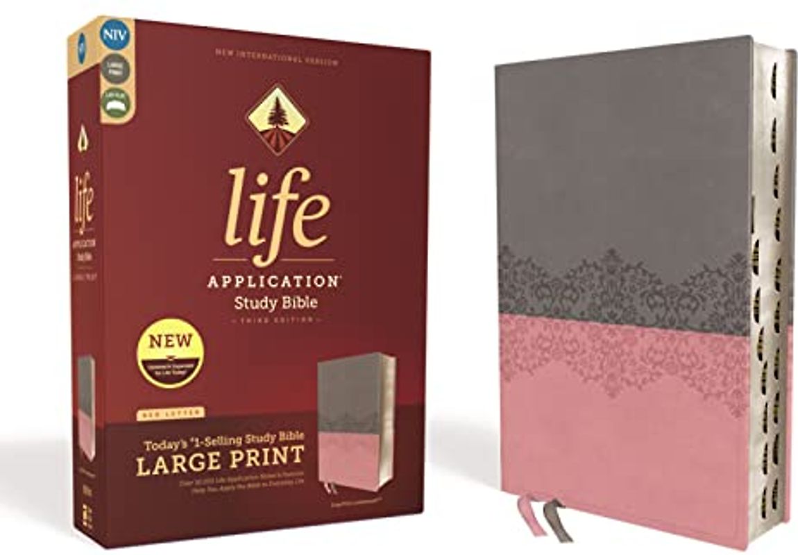 NIV, Life Application Study Bible, Third Edition, Large Print, Leathersoft, Gray/Pink, Red Letter, Thumb Indexed