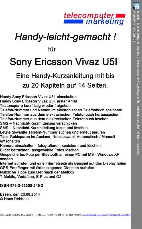 Sony Ericsson Vivaz U5i leicht-gemacht. Handy-leicht-gemacht für Sony Ericsson Vivaz U5i