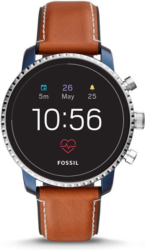 Fossil Explorist HR 45 mm bleu Bracelet cuir marron clair [Wi-Fi, 4e génération]