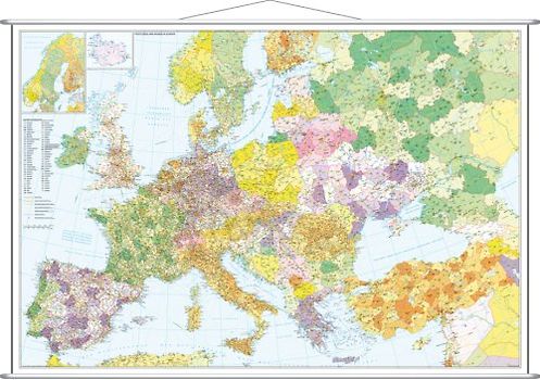 Europa mit Türkei - Straßen und Postleitzahlen. Wandkarte mit Metallbeleistung