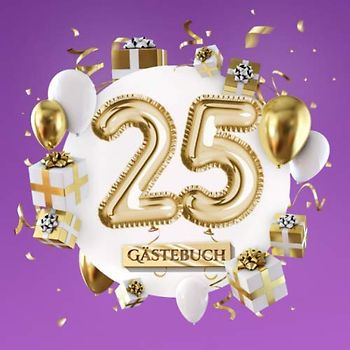 25 - Gästebuch: Lila Deko zum 25.Geburtstag für Mann oder Frau - 25 Jahre Geschenk - Party Gold Violett - Buch für Glückwünsche und Fotos der Gäste