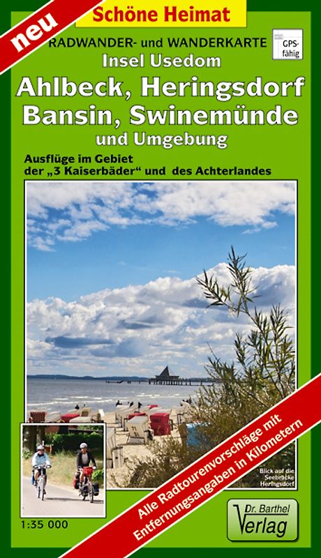 Radwander- und Wanderkarte Insel Usedom. Ahlbeck, Heringsdorf, Bansin, Swinemünde und Umgebung