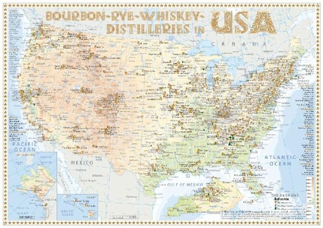 Bourbon-Rye-Whiskey Distilleries in USA - Tasting Map 34x24cm