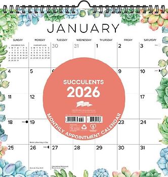 Succulents 2026 12 X 12 Spiral Wall Calendar