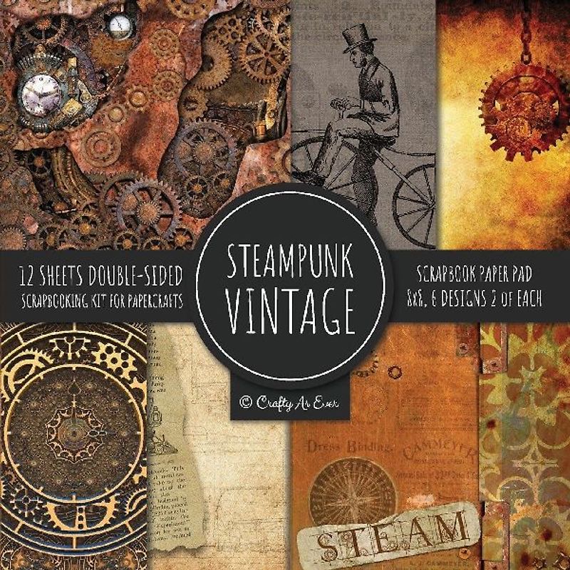 Vintage Steampunk Scrapbook Paper Pad 8x8 Scrapbooking Kit for Papercrafts, Cardmaking, DIY Crafts, Old Retrofuturistic Theme, Vintage Design
