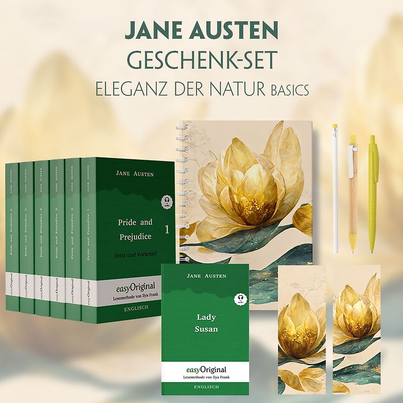 Jane Austen Geschenkset - 7 Bücher (Hardcover + Audio-Online) + Eleganz der Natur Schreibset Basics