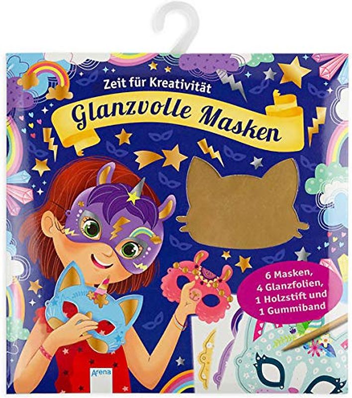 Krickel-Kratz-Malbilder. Glanzvolle Masken (6 Masken, 4 Glanzfolien, ein Holzstift und ein Gummiband)