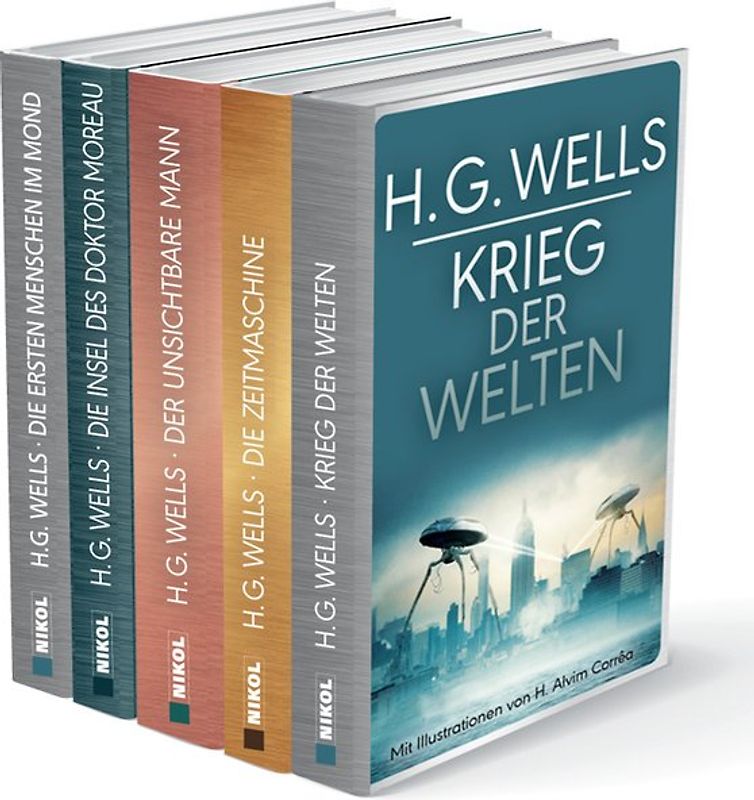 H.G.Wells (fünf Romane) - Krieg der Welten - Die Zeitmaschine - Die Insel des Dr. Moreau - Der unsichtbare Mann - Die ersten Menschen im Mond