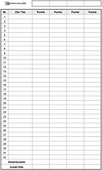 3D Parcour Punkteblatt / Score Sheet: Zum eintragen der Punkte auf dem Bogenparcour: Punkteblatt für 4 Personen & 32 Ziele - 100 Stück | DIN A6