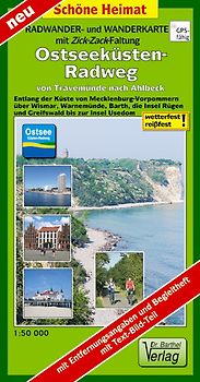 Radwander- und Wanderkarte mit Zick‑Zack‑Faltung Ostseeküsten-Radweg von Travemünde nach Ahlbeck