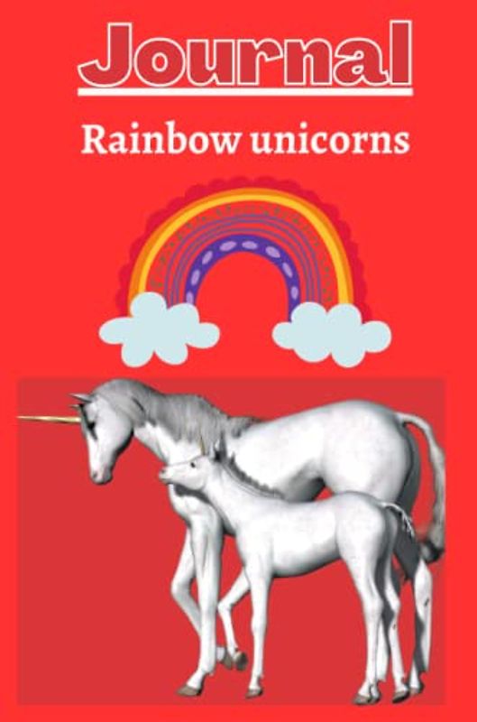 Rainbow with unicorns Journal with a bright red background