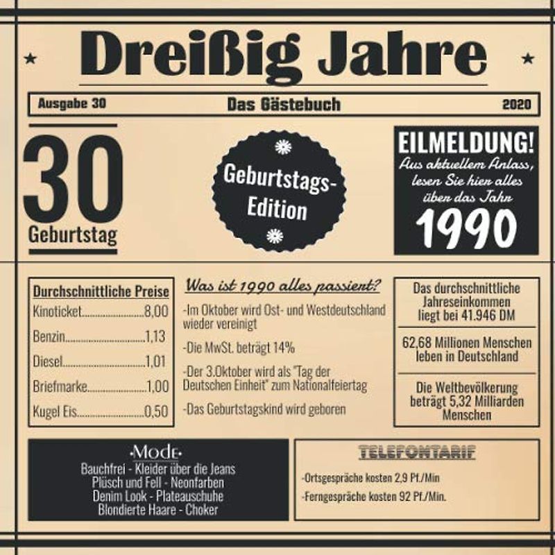 Dreißig Jahre Das Gästebuch: Zum 30 Geburtstag / Geburtsjahr 1990 / Retro Zeitung Design Mit Ereignissen Im Jahre 90 / Geschenk Und Geburtstagsdeko / Platz Für Glückwünsche Und Fotos