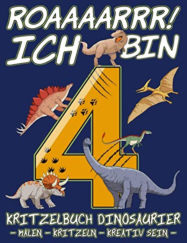 Kritzelbuch Dinosaurier - Ich bin 4: Malheft Blanko A4 - 4. Geburtstag Junge Deko Dino Cover - Malbuch Leere Seiten - Dinosaurier Geburtstag Mitgebsel - 4 Jahre Geburtstagsgeschenk für Kinder