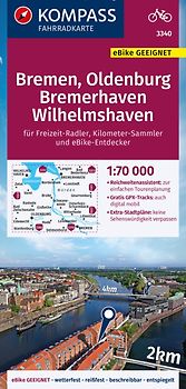 KOMPASS Fahrradkarte 3340 Bremen, Oldenburg, Bremerhaven, Wilhelmshaven 1:70.000