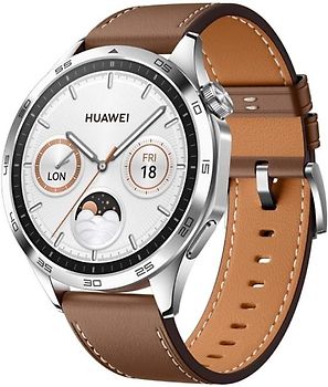 Huawei Watch GT 4 46 mm argent avec bracelet cuir marron
