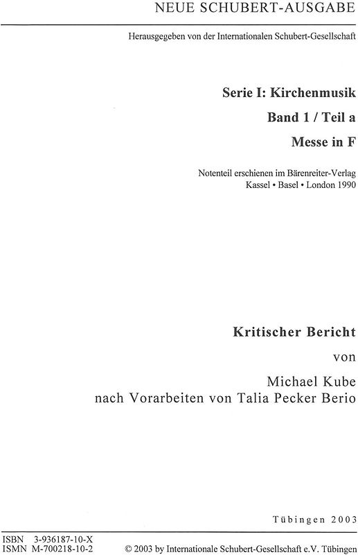 Neue Schubert-Ausgabe. Kritische Berichte / Kirchenmusik / Messe in F