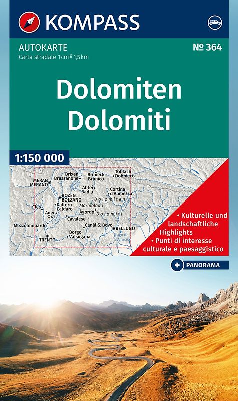 KOMPASS Autokarte und Panoramakarte Dolomiten / Dolomiti / Dolomites 1:150.000