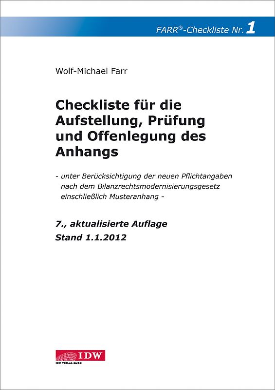 Checkliste 1 für die Aufstellung, Prüfung und Offenlegung des Anhangs