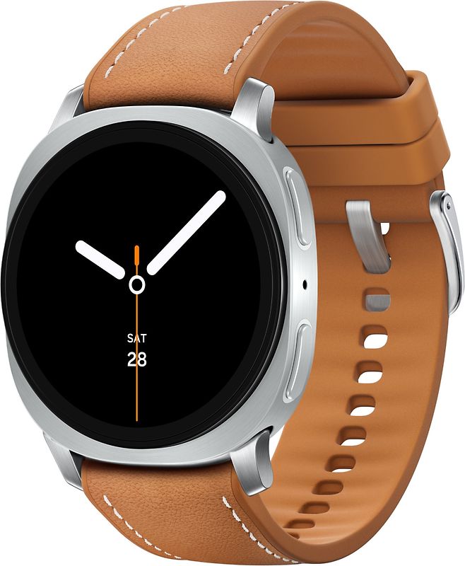 Samsung Galaxy Watch8 40 mm Boîtier aluminium argent sur Hybride premium camel [Wi-Fi]