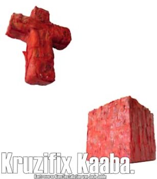 Kruzifix Kaaba. Kontroverse Kunstinstallation von Jack Joblin: Salmon Art der Joblin Factory. Jeder Mensch ist Kunst.