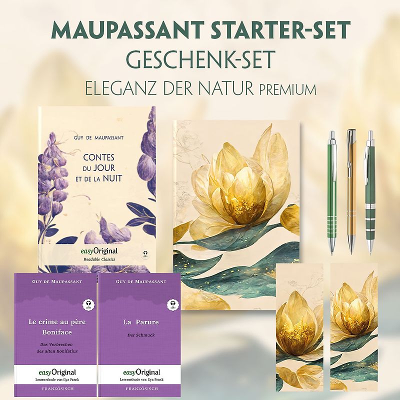 Guy de Maupassant Starter-Paket Geschenkset 3 Bücher (mit Audio-Online) + Eleganz der Natur Schreibset Premium