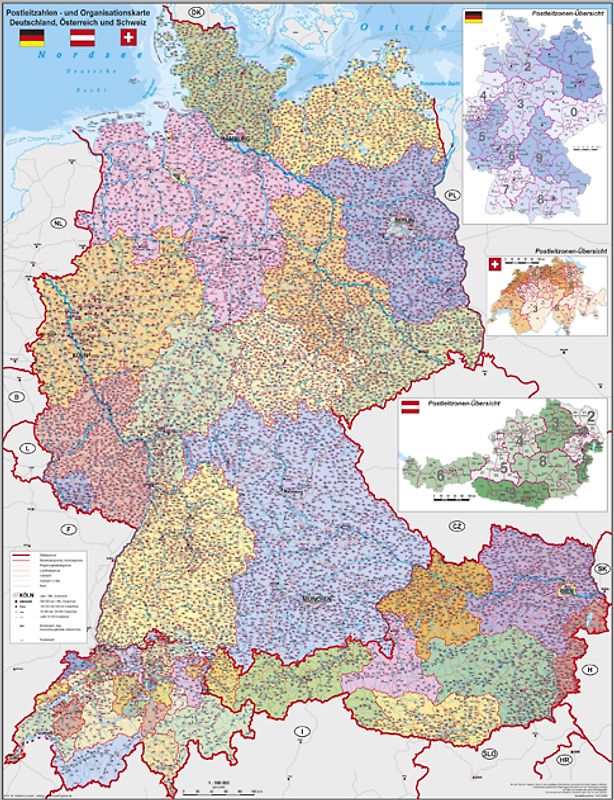 Deutschland-Österreich-Schweiz Postleitzahlen- und Organisationskarte. Poster